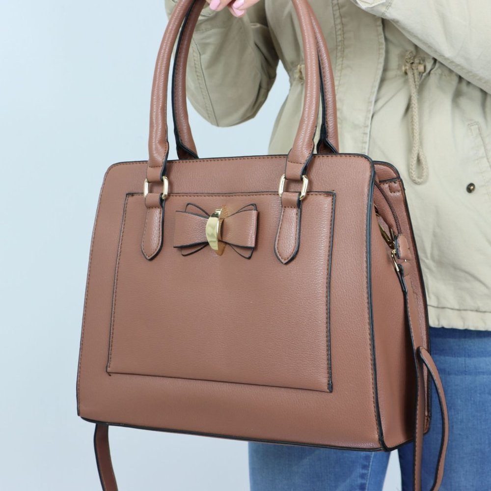 Brown Faux Leather Purse Cute Bow Accent Tote Cross Body Shoulder Hand Bag - Picture 11 of 12